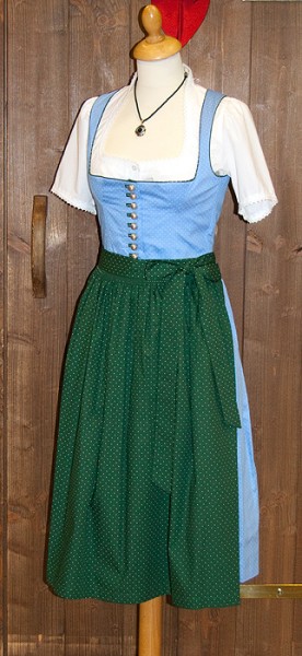 Schickes Midi-Dirndl hellblau, grüne Schürze, Kaiser Franz Josef