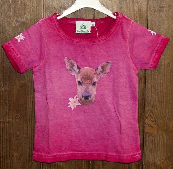 T-Shirt in pink oil-washed mit Rehkitz- und Eldeweiß-Druck, Isar Trachten