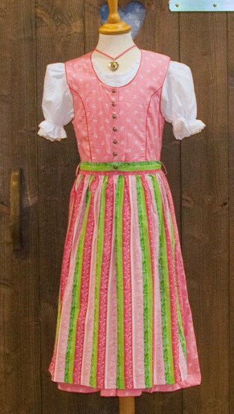 Rosa Kinder-Dirndl mit rosa-weiß-grün gestreifter Schürze, Isar Trachten