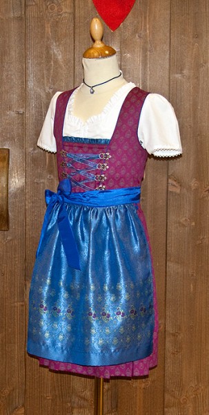 Glanzvolles Madldirndl in fuchsia mit königsblauer Schürze, Isar Trachten