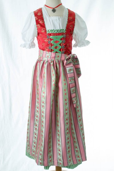 rotes geblümtes Kinderdirndl mit lindgrün/gestreifter Schürze "44305" Isar Trachten