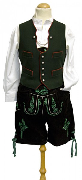 Kinderlederhose schwarz Plattlerhose mit grünen Stickereien