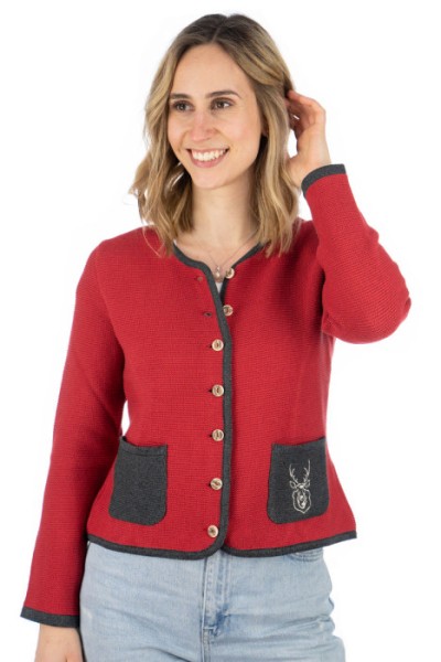 Damenstrickjacke rot mit Hirsch-Stickerei, OS-Trachten