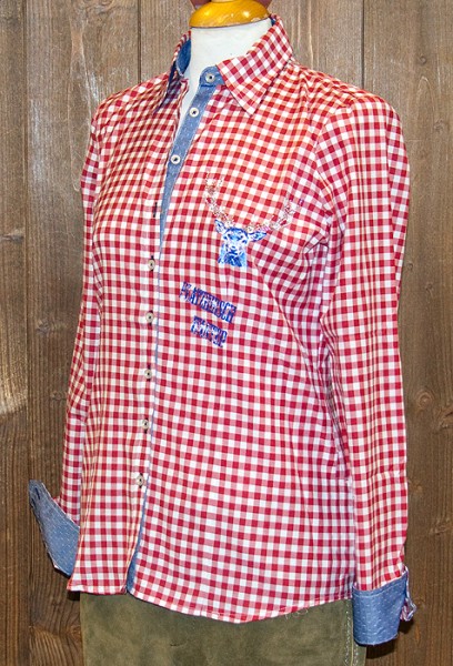 Trachtenbluse mit Glitzerhirsch, rot-weiß-kariert