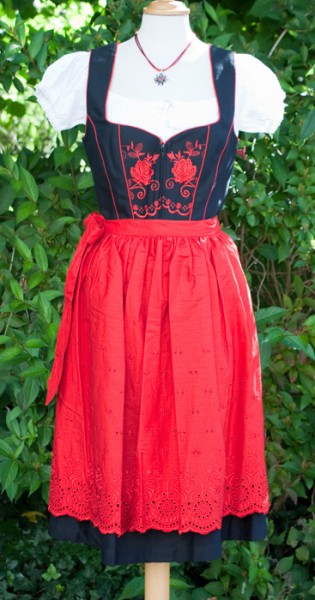 Midi-Dirndl schwarz mit roter Schürze, 3-tlg., Trachtn Bäda