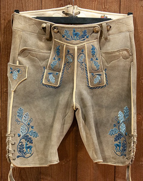 Hirsch-Lederhose "Kochelsee", old grey mit blauer Stickerei, Meindl