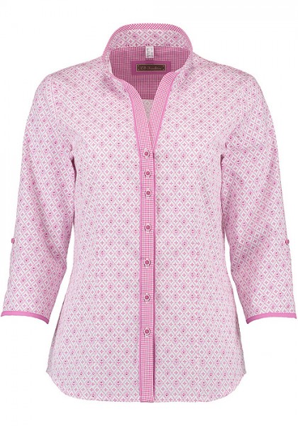Damenbluse in kräftigem Rosa mit Stehkragen und ¾-Arm, OS-Trachten