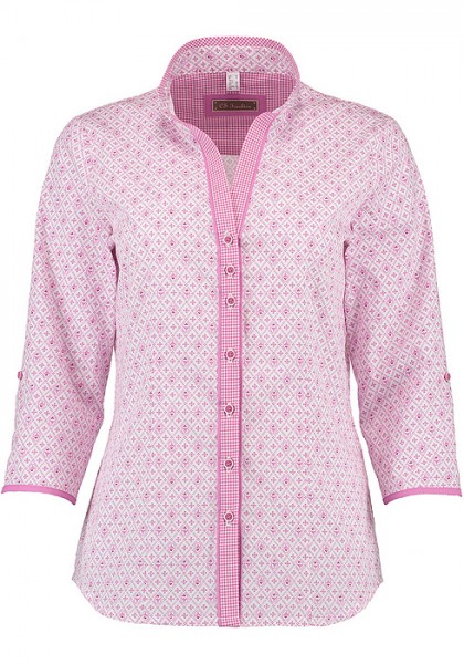 Damenbluse in kräftigem Rosa mit Stehkragen und ¾-Arm, OS-Trachten