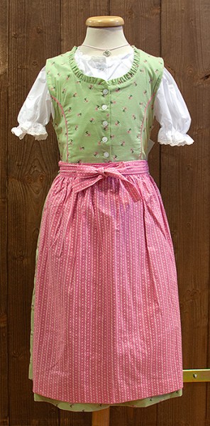 Kinderdirndl frischgrün, rosa Schürze, Isar Trachten